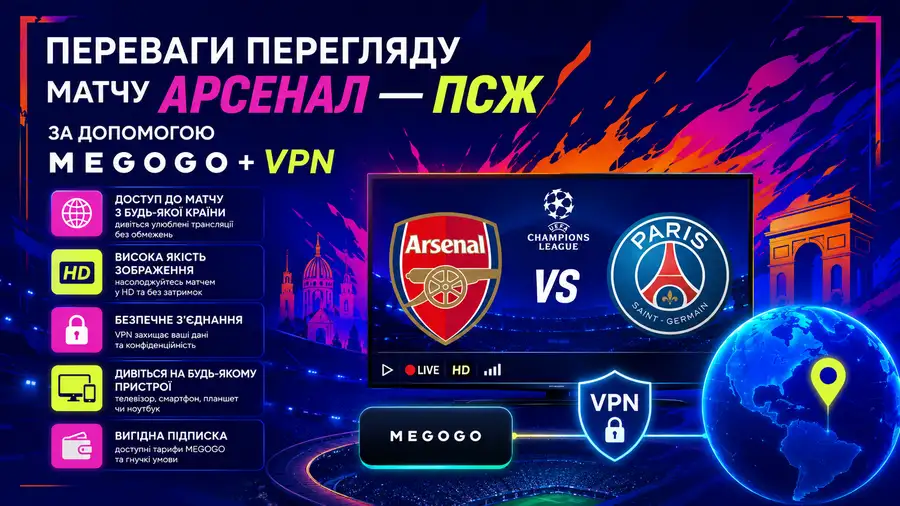 Переваги перегляду Арсенал - ПСЖ через Megogo+VPN